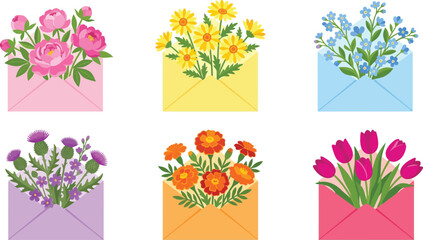 Collection of colorful envelopes filled with various blooming flowers a charming vector illustration perfect for spring greetings and invitations © Shaiza
