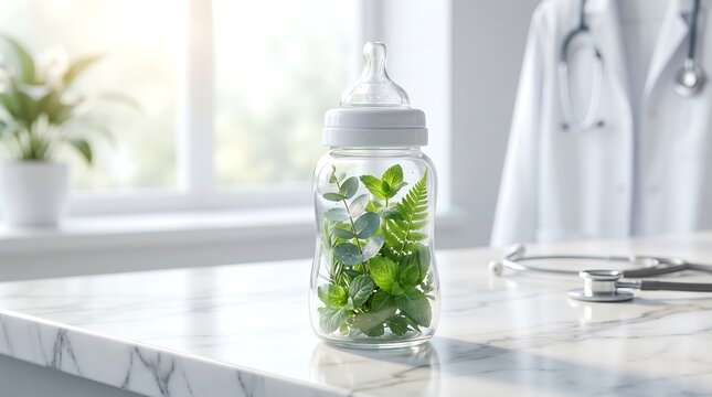 A baby bottle filled with fresh green leaves sitting on a medical desk.