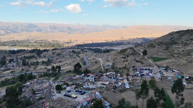 4K Aerial Drone: Destroyed adobe house after an earthquake in Pumpunya, Chongos Alto, Huancayo. Structural collapse in rural Andes, Peru.