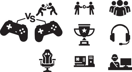 Esports gaming icon set, competitive video game tournament symbols, black silhouette gamer equipment and hardware vector collection © Junaid