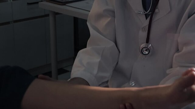 Doctor examining and supporting injured ankle of female patient in hospital room, providing medical assistance and treatment for sprain or fracture