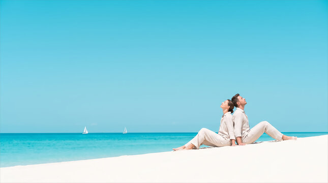 Couple sitting back to back on a sunny tropical beach