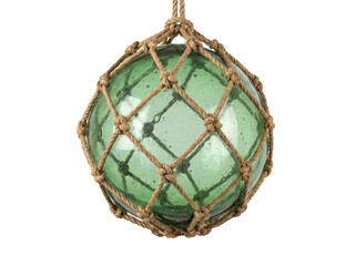 Hanging vintage green glass fishing float in rope net isolated on transparent background © Asmodar