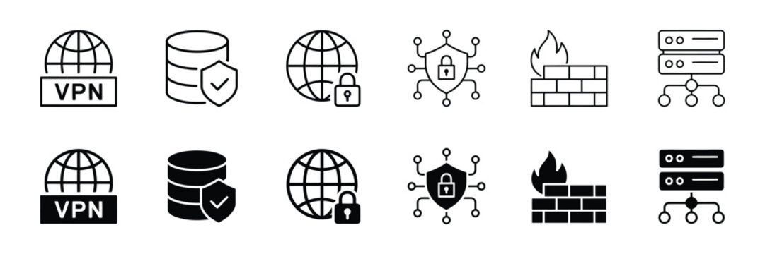 VPN line and glyph icons for secure network privacy and cybersecurity