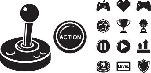 Retro gaming icons set, vintage arcade joystick and action button vector, black and white video game interface elements for UI design © Junaid
