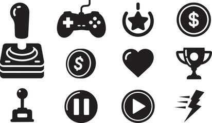 Retro gaming icons set, black video game symbols including joystick and gamepad, 12 flat vector elements for arcade and esports UI design © Junaid
