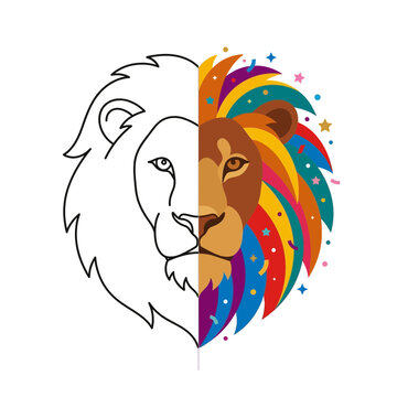 Majestic lion head split into line art and colorful flat vector