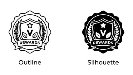 Obraz premium Rewards Badge Set: A set of two badges, one outline and one silhouette, both featuring a shield with a star and leaves, signifying rewards and recognition.