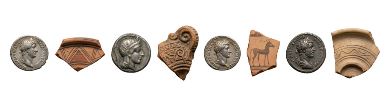 Archaeology set with ancient coins and painted pottery sherds isolated on transparent background