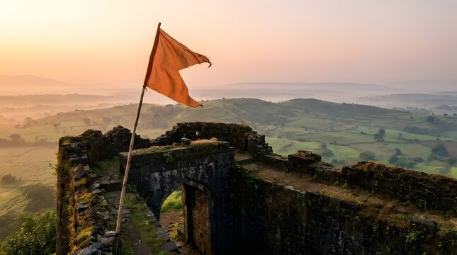 Saffron flag waving on an ancient Indian fort during a foggy sunrise