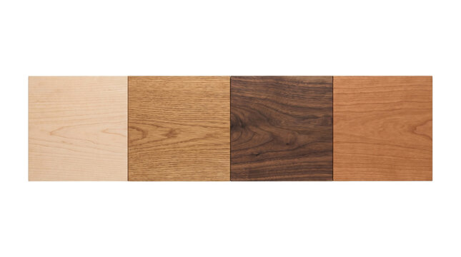 Flooring set featuring four square wooden texture samples in different finishes isolated on transparent background
