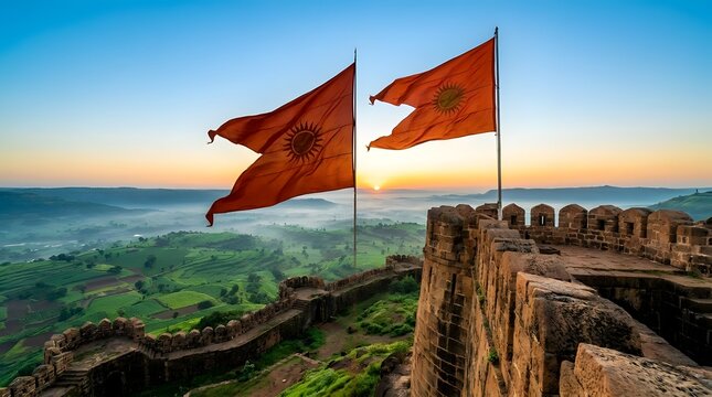 Saffron flags fly over an ancient hilltop fort in India at sunrise