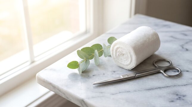Medical gauze bandage roll with metal scissors and eucalyptus branch on marble table.