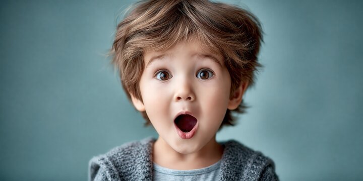 Close-up portrait of a young boy with an exaggerated surprised expression, wide eyes and open mouth, positive shock reaction