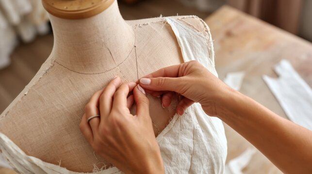 Close up of hands pinning a handmade dress on mannequin for couture workshop background and garment fitting reference image