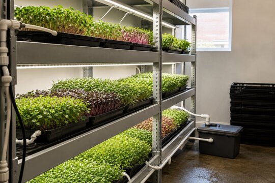 Urban vertical farm growing microgreens with recirculating hydroponic system