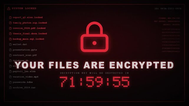 Ransomware attack screen with a glowing red padlock and encrypted files countdown timer