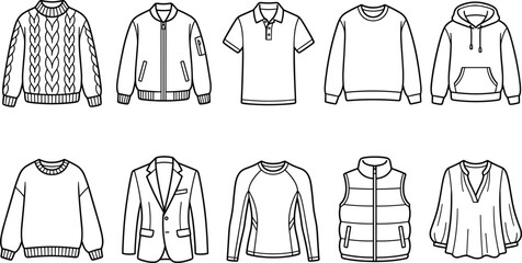 Men and Women Outerwear Apparel Vector Technical Sketch Collection with Hoodie, Blazer, Sweater, and Puffer Vest Icons for Fashion Tech Pack Design © Hosneara