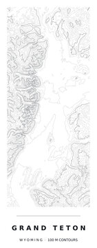 Grand Teton National Park Contour Map, Black Lines, Editable Vector