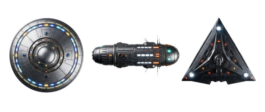 Spaceship set with three dark metallic alien spacecrafts isolated on transparent background