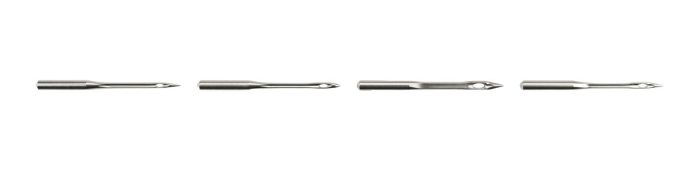 Needlework set featuring four metallic sewing machine needles isolated on transparent background