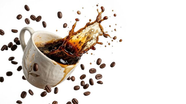 Spectacular coffee splash bursting out of gold leaf pattern white cup with floating beans