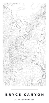 Bryce Canyon National Park Contour Map, Black Lines, Editable Vector