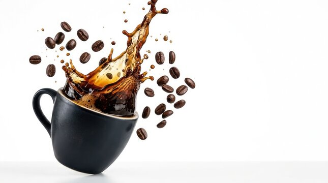 Energy splash of dark coffee bursting from sleek charcoal cup on isolated white background