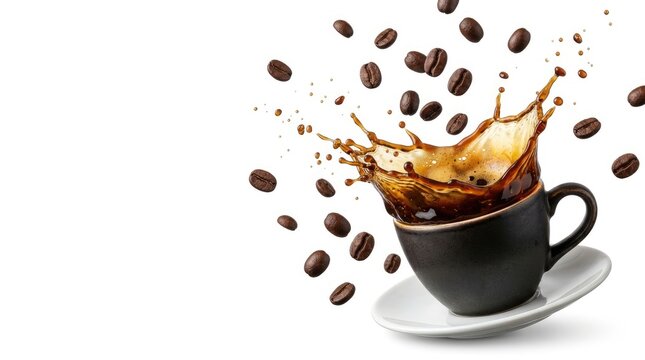 Dynamic espresso splash bursting from black ceramic cup and saucer on white background copy space