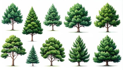 Fototapeta premium Variety of Evergreen Trees - A Collection of Coniferous Illustrations.