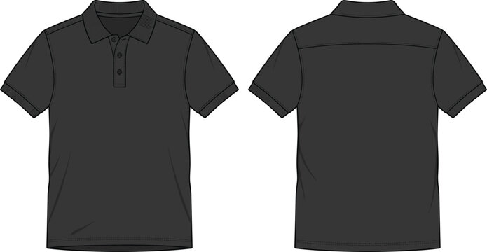 Men Black Polo Shirt Vector Technical Sketch Set with Front and Back View CAD Mockup for Fashion Apparel Design and Clothing Tech Pack Templates