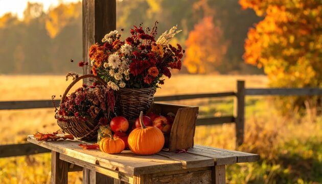 Autumns Bounty - A Rustic Still Life with Pumpkins and Flowers.