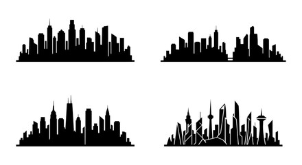Obraz premium Diverse Cityscape Silhouettes, Urban Skylines, Modern Architecture, Business District Views, 4 Vector Collections