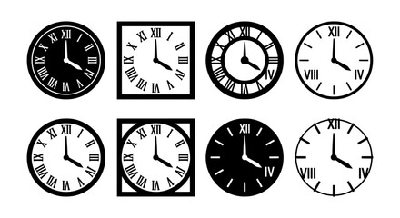Fototapeta premium Set of 8 Clock Icons, Roman Numeral Timepieces, Round and Square Designs, Black and White Graphics