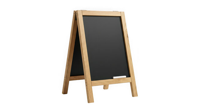 Empty wooden chalkboard sign. Blank sidewalk sandwich board for restaurant menu display.