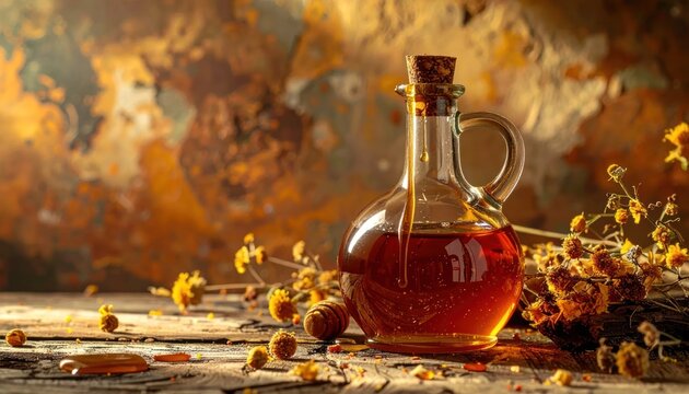 Golden Elixir - A Glass Bottle of Liquid Gold on Rustic Wood.