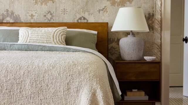 Slow zoom out of a farmhouse-style bed corner featuring layered linen bedding, a wooden frame, grey and cream lamp, nightstand, and decorative wallpaper