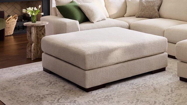 Slow zoom out of a beige upholstered farmhouse ottoman in a professionally staged living room with warm natural light