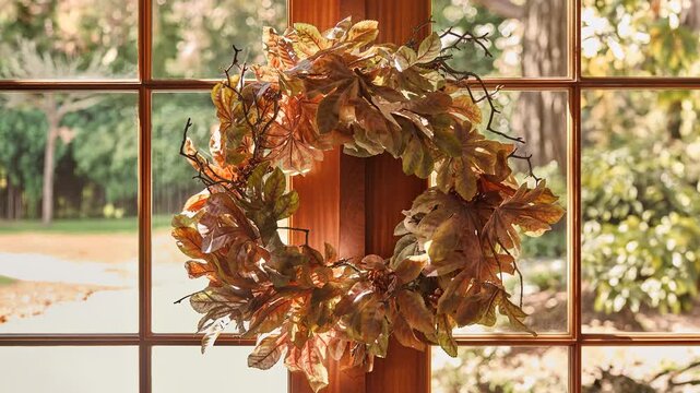 Slow zoom out of a fall leaf wreath hanging on a window with a forest landscape and front yard visible in the background