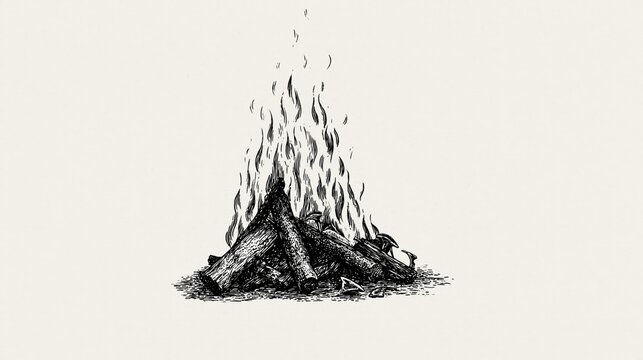 Warmth and Growth concept shown through a dynamic black-and-white ink sketch of a crackling bonfire with intense leaping flames and textured firewood.