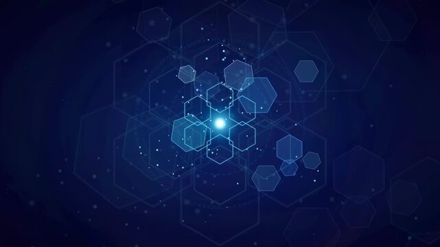 Abstract futuristic blue digital network with glowing hexagonal shapes and floating data particles