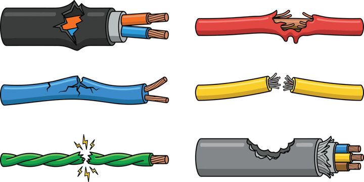 Damaged Electrical Cable Vector Icon Set Featuring Broken Wires, Short Circuit Sparks, Cut Insulation, and Gnawed Power Cords for Safety Hazards and Repair Designs