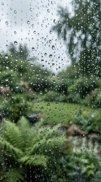 Soft daylight through rain-covered window with natural water droplets and blurred garden