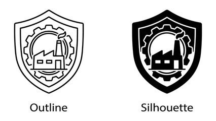 Obraz premium Industrial Security Shield Icons: A pair of icons representing industrial security, one in outline and the other in silhouette, featuring a factory and gear within a shield shape.