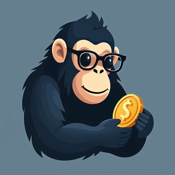 Smart Chimpanzee Wearing Glasses Holding Gold Dollar Coin Illustration