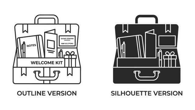 Welcome Kit for New Arrivals: A complete welcome kit for new hires, presented in an open briefcase with outline and silhouette versions, containing essentials for a smooth onboarding experience.