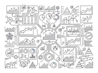 Fototapeta premium Abstract Data Visualization and Infographic Elements Arrangement Featuring Charts Graphs and Statistics on White Background Artistic Representation of Information Flow and Analysis