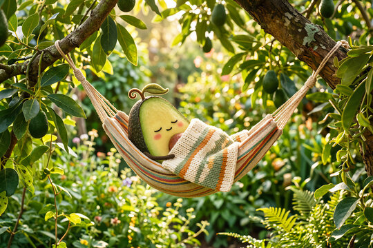 Cute sleeping avocado relaxing in hammock between avocado trees wrapped in cozy blanket whimsical nature concept sunny garden scene