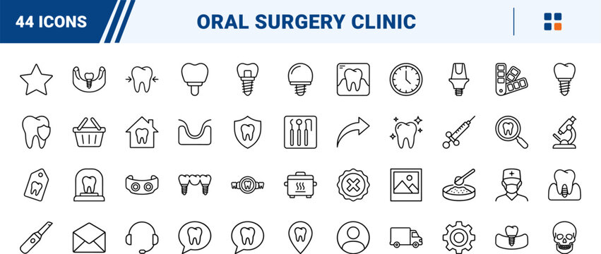 Dental implant clinic line icon set. Vector pictograms of dentistry, surgery, prosthetics, and oral elements, thin linear illustration.