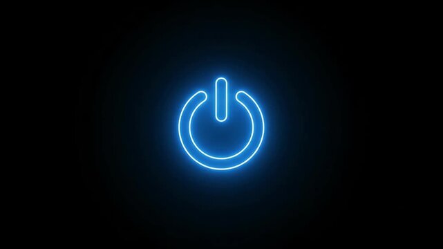 Blue neon power button icon turning on and glowing on dark background, modern tech system activation 2D animation